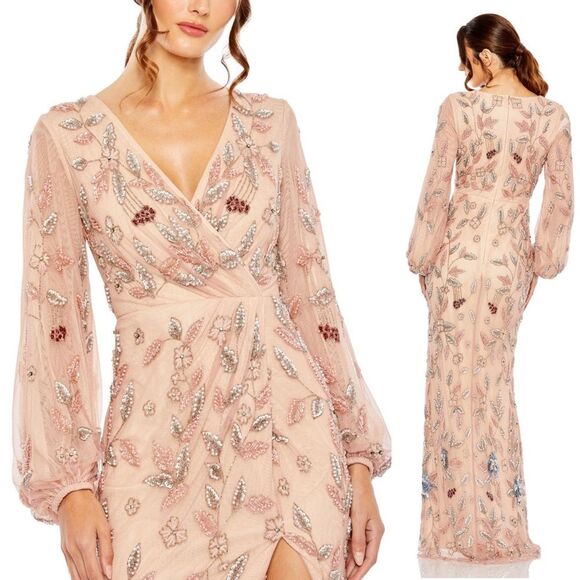 Mac Duggal 93755 Floral Beaded Surplice V-Neck Long Balloon Sleeve Gown, Size 16 - Picture 16 of 16